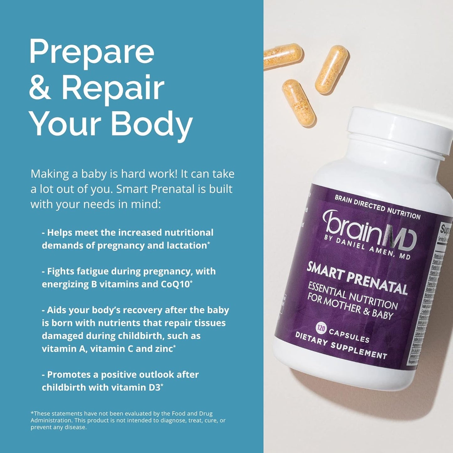Dr Amen Smart Prenatal - Multivitamin for Mom & Baby, Promotes Healthy Pregnancy & Growth & Development in Babies - 30 Servings