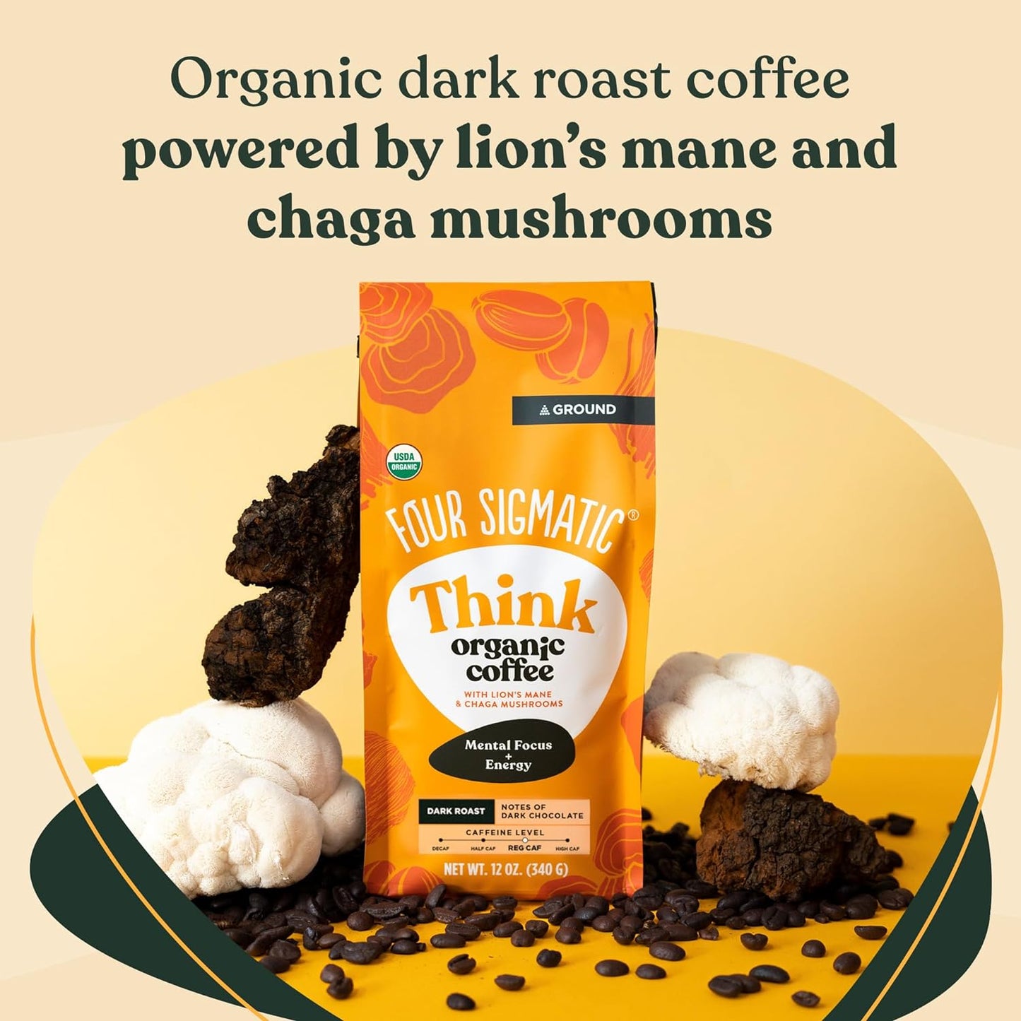 Think Mushroom Coffee | Organic Ground Coffee with Lion'S Mane Mushroom and Chaga Mushroom | Nootropic Mushroom Coffee for Better Focus and Immune Support | 12Oz Bag