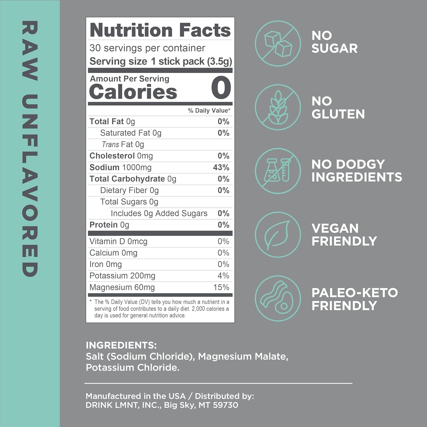 LMNT Zero Sugar Electrolytes - Raw Unflavored Salt | Drink Mix | 30-Count