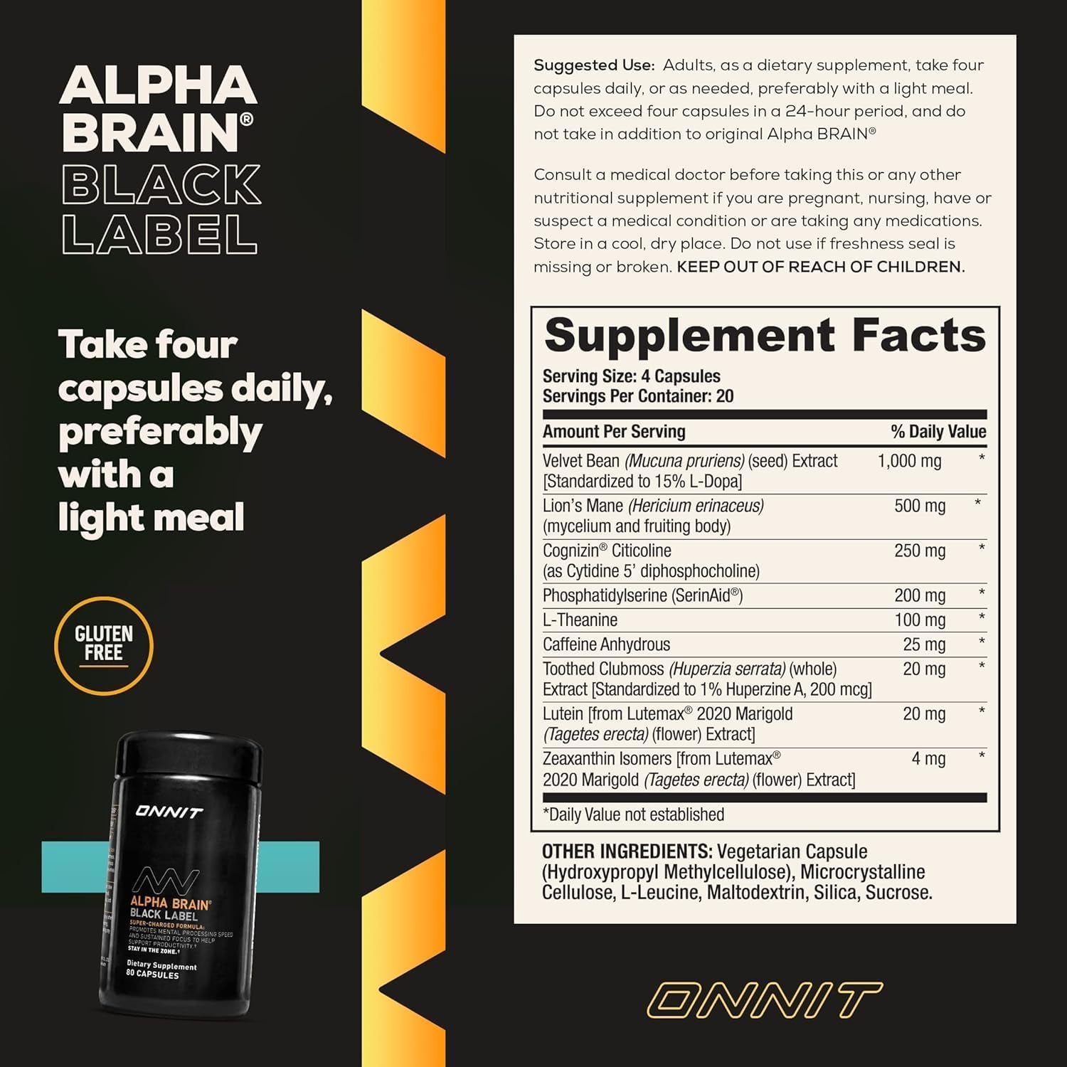 Alpha Brain Black Label Capsule (80Ct) Premium Citicoline Brain Supplement - Focus, Concentration & Memory - Lion'S Mane, Hericium Erinaceus, L Theanine & Mucuna Pruriens
