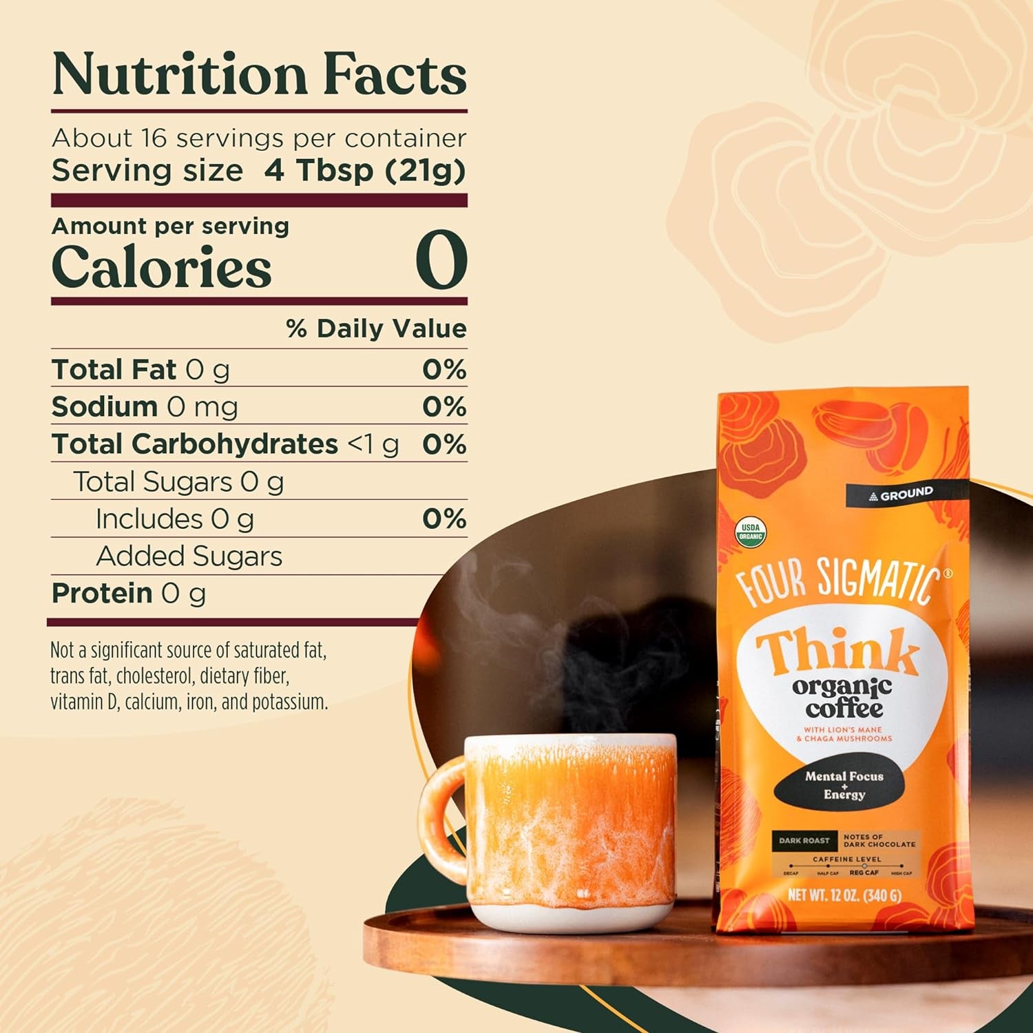 Think Mushroom Coffee | Organic Ground Coffee with Lion'S Mane Mushroom and Chaga Mushroom | Nootropic Mushroom Coffee for Better Focus and Immune Support | 12Oz Bag