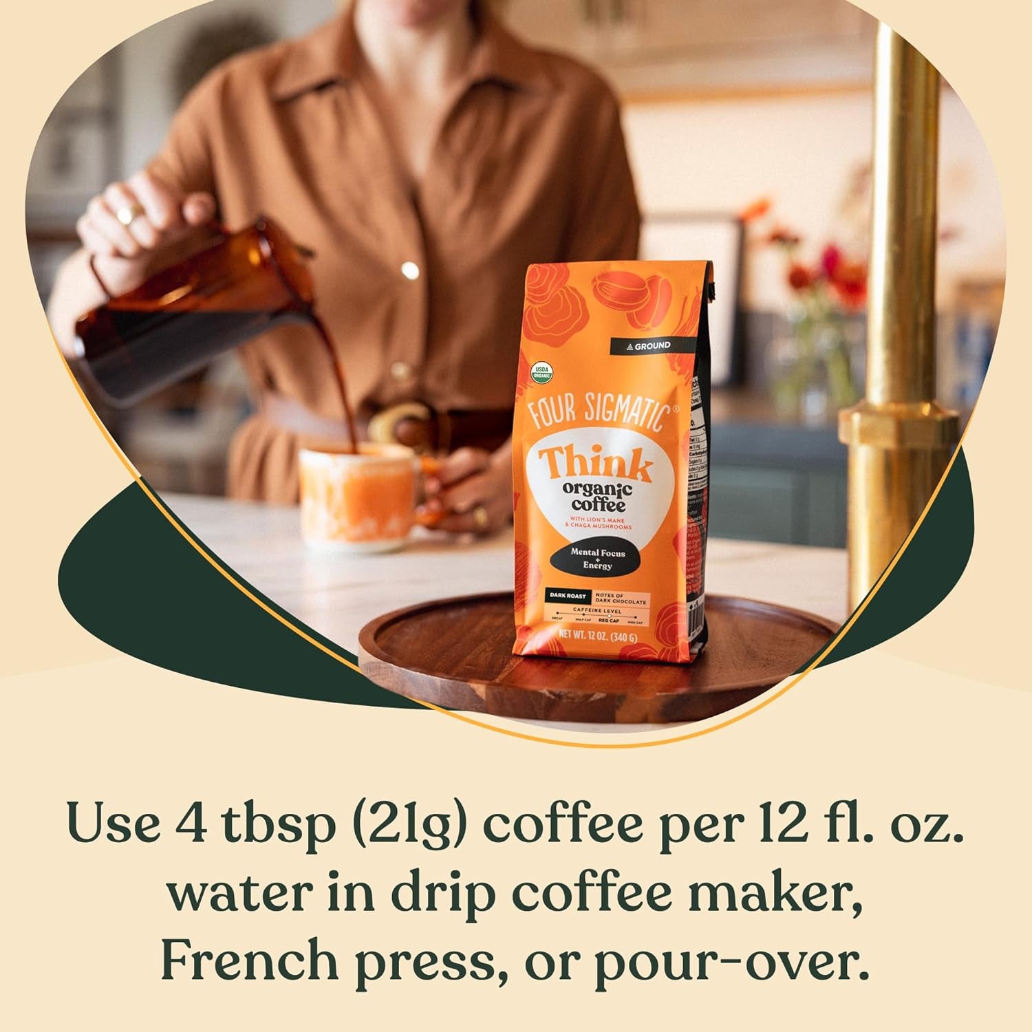 Think Mushroom Coffee | Organic Ground Coffee with Lion'S Mane Mushroom and Chaga Mushroom | Nootropic Mushroom Coffee for Better Focus and Immune Support | 12Oz Bag