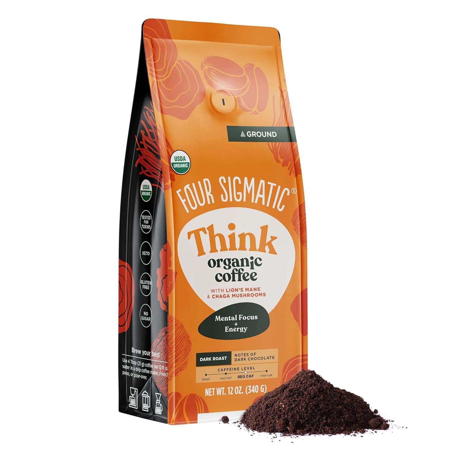 Think Mushroom Coffee | Organic Ground Coffee with Lion'S Mane Mushroom and Chaga Mushroom | Nootropic Mushroom Coffee for Better Focus and Immune Support | 12Oz Bag